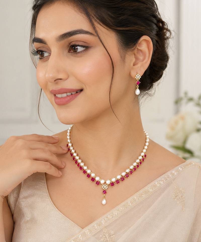 Pearl & ruby stone necklace & earrings jewellery set gold-tone setting, drop pendant, bridal wear, includes earrings