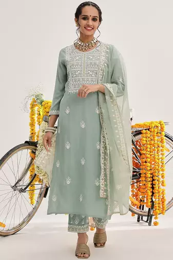 Sea Green Floral Embroidered Thread Work Straight Kurta With Trousers & Dupatta