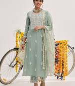 Sea Green Floral Embroidered Thread Work Straight Kurta With Trousers & Dupatta