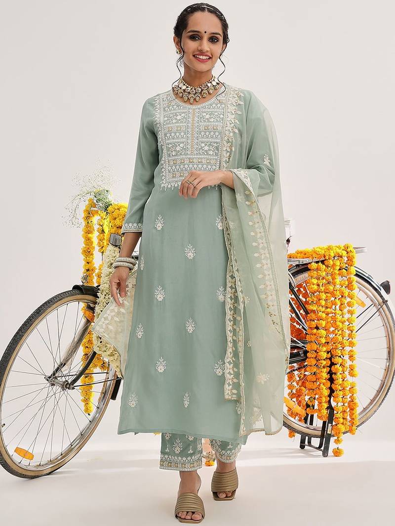 Sea Green Floral Embroidered Thread Work Straight Kurta With Trousers & Dupatta