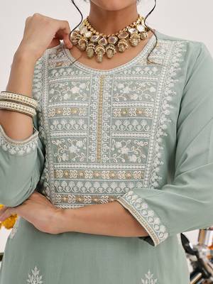 Sea Green Floral Embroidered Thread Work Straight Kurta With Trousers & Dupatta 2