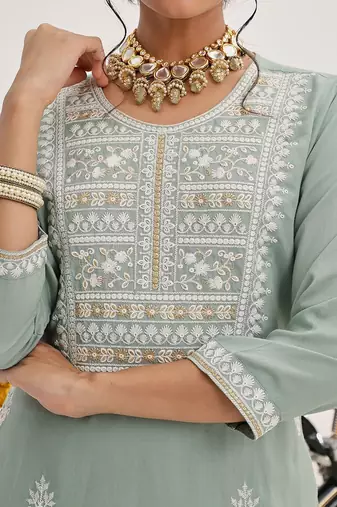 Sea Green Floral Embroidered Thread Work Straight Kurta With Trousers & Dupatta