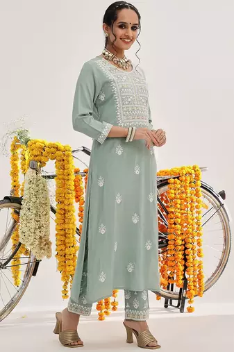 Sea Green Floral Embroidered Thread Work Straight Kurta With Trousers & Dupatta