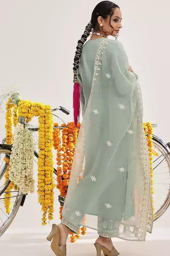 Sea Green Floral Embroidered Thread Work Straight Kurta With Trousers & Dupatta