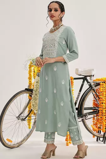 Sea Green Floral Embroidered Thread Work Straight Kurta With Trousers & Dupatta