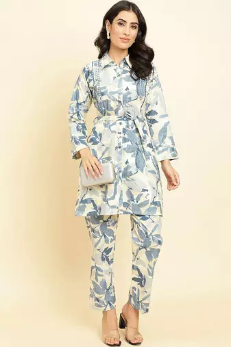 Floral Printed Shirt Collar Kurta With Trousers