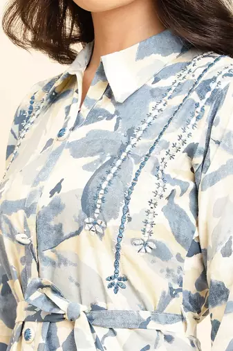 Floral Printed Shirt Collar Kurta With Trousers