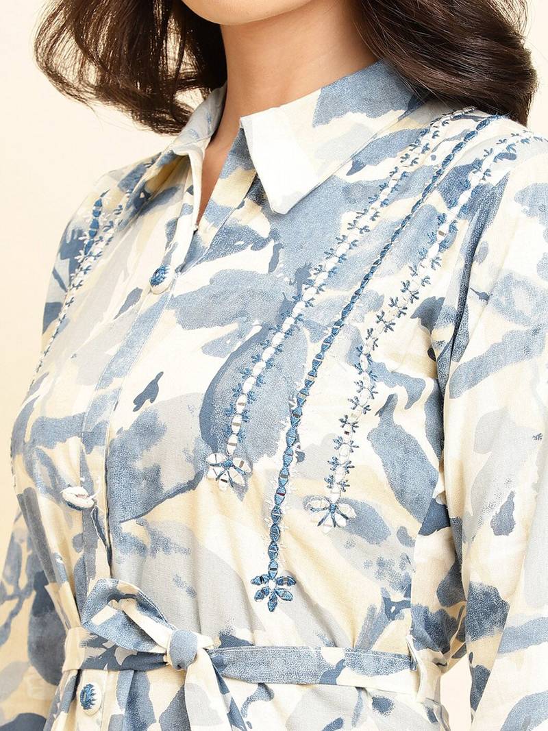 Floral Printed Shirt Collar Kurta With Trousers