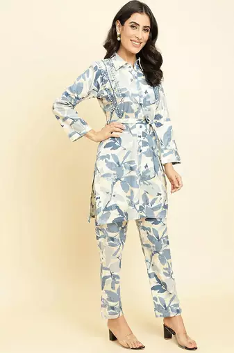 Floral Printed Shirt Collar Kurta With Trousers