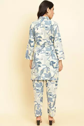 Floral Printed Shirt Collar Kurta With Trousers