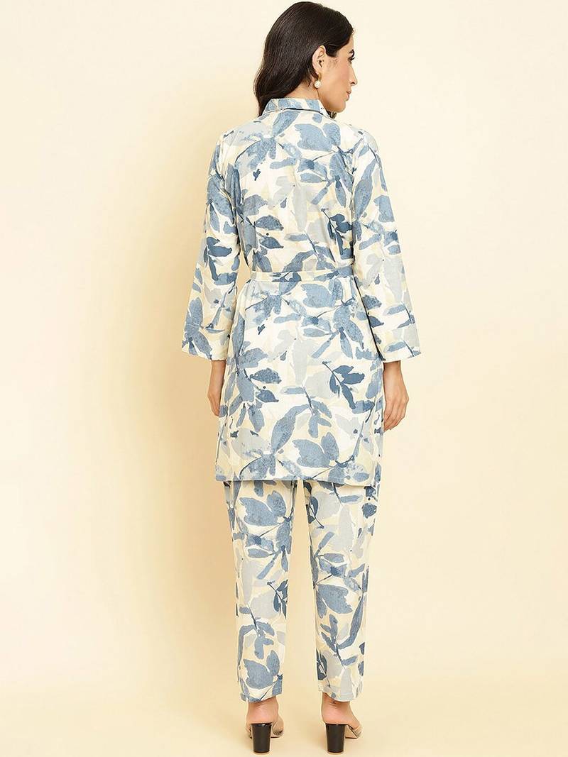 Floral Printed Shirt Collar Kurta With Trousers