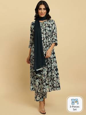 Floral Printed Pure Cotton Empire Mirror Work Kurta With Trousers & Dupatta 1