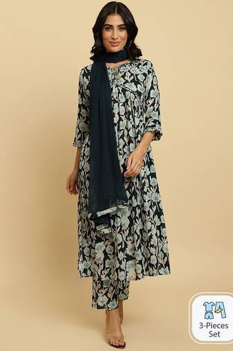Floral Printed Pure Cotton Empire Mirror Work Kurta With Trousers & Dupatta
