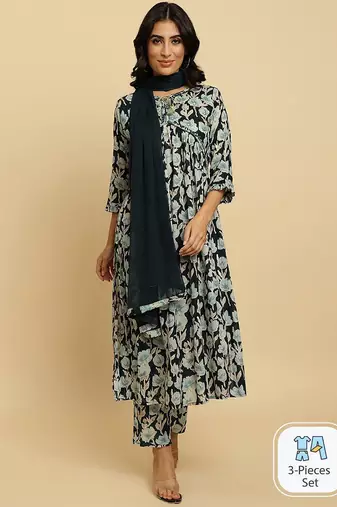 Floral Printed Pure Cotton Empire Mirror Work Kurta With Trousers & Dupatta