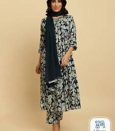 Floral Printed Pure Cotton Empire Mirror Work Kurta With Trousers & Dupatta