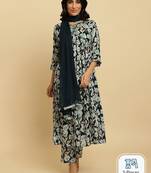 Floral Printed Pure Cotton Empire Mirror Work Kurta With Trousers & Dupatta