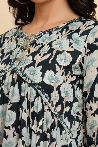 Floral Printed Pure Cotton Empire Mirror Work Kurta With Trousers & Dupatta