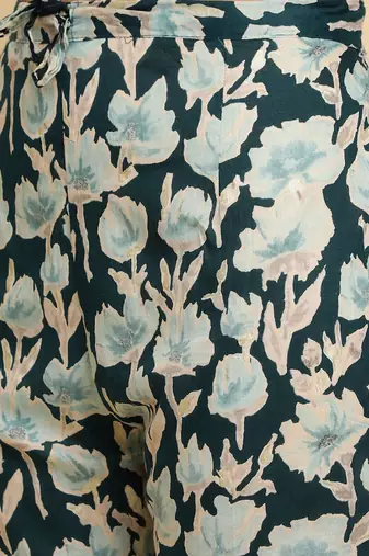 Floral Printed Pure Cotton Empire Mirror Work Kurta With Trousers & Dupatta