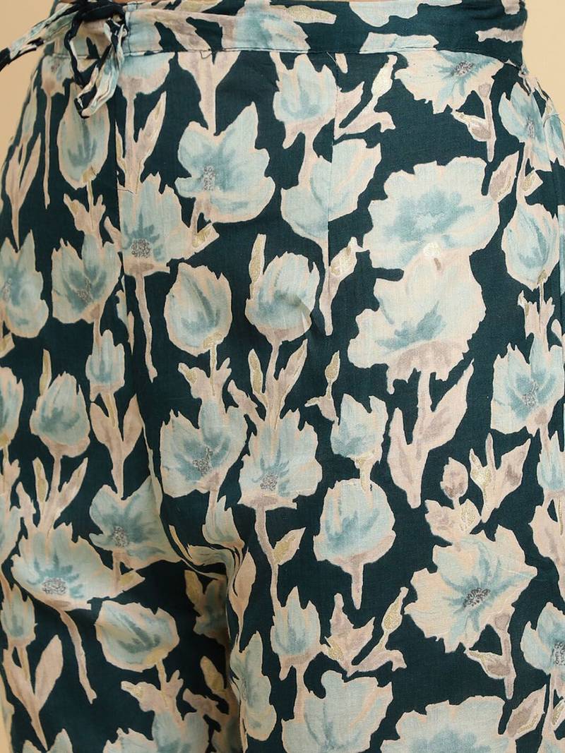 Floral Printed Pure Cotton Empire Mirror Work Kurta With Trousers & Dupatta