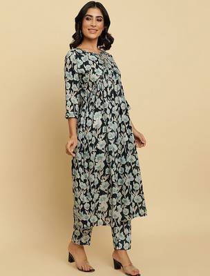 Floral Printed Pure Cotton Empire Mirror Work Kurta With Trousers & Dupatta 4