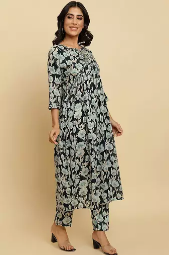 Floral Printed Pure Cotton Empire Mirror Work Kurta With Trousers & Dupatta