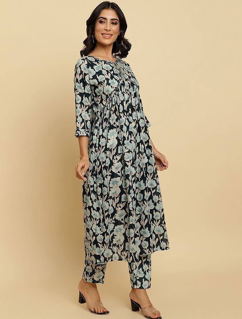 Floral Printed Pure Cotton Empire Mirror Work Kurta With Trousers & Dupatta