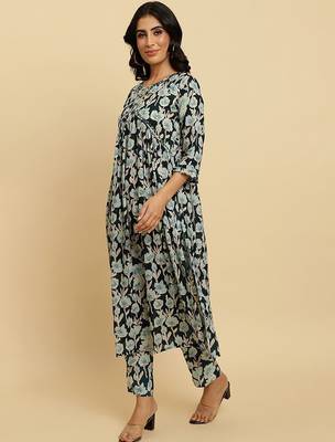 Floral Printed Pure Cotton Empire Mirror Work Kurta With Trousers & Dupatta 5