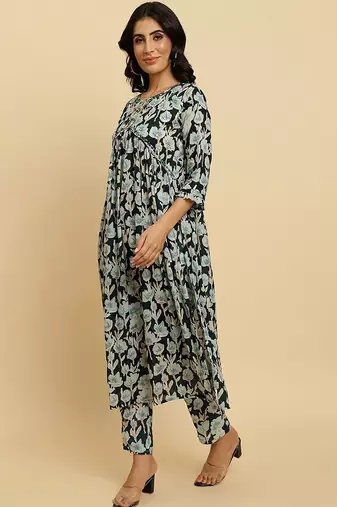 Floral Printed Pure Cotton Empire Mirror Work Kurta With Trousers & Dupatta