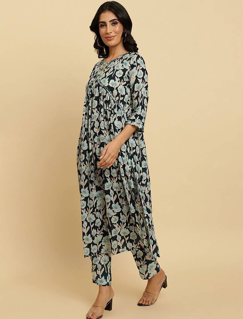 Floral Printed Pure Cotton Empire Mirror Work Kurta With Trousers & Dupatta