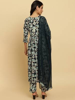 Floral Printed Pure Cotton Empire Mirror Work Kurta With Trousers & Dupatta 6