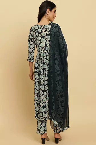 Floral Printed Pure Cotton Empire Mirror Work Kurta With Trousers & Dupatta