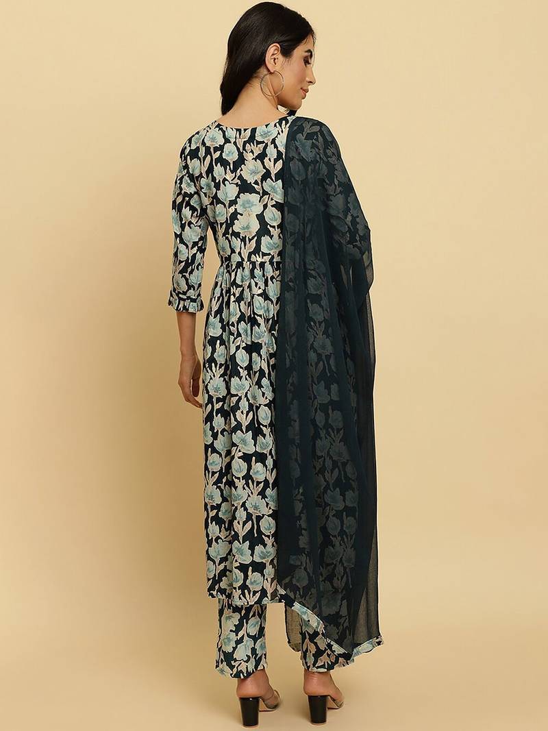 Floral Printed Pure Cotton Empire Mirror Work Kurta With Trousers & Dupatta