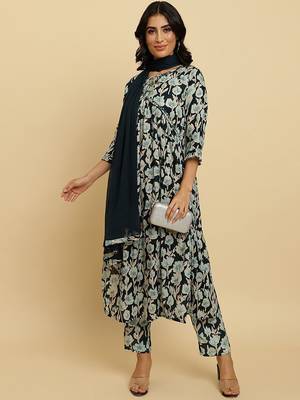 Floral Printed Pure Cotton Empire Mirror Work Kurta With Trousers & Dupatta 7