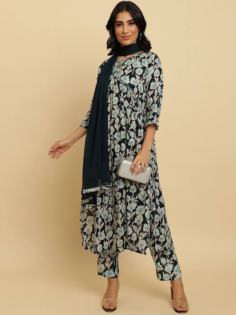 Floral Printed Pure Cotton Empire Mirror Work Kurta With Trousers & Dupatta