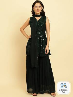 Women Embroidered Sequinned Anarkali Kurta With Sharara & Dupatta 1