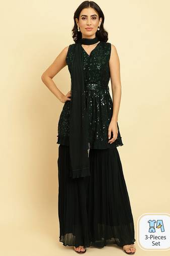 Women Embroidered Sequinned Anarkali Kurta With Sharara & Dupatta