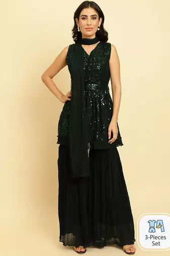 Women Embroidered Sequinned Anarkali Kurta With Sharara & Dupatta