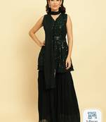 Women Embroidered Sequinned Anarkali Kurta With Sharara & Dupatta