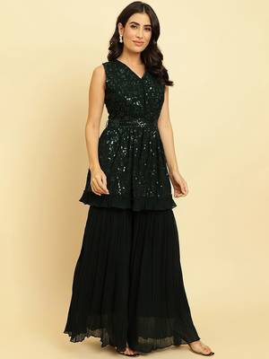 Women Embroidered Sequinned Anarkali Kurta With Sharara & Dupatta 4