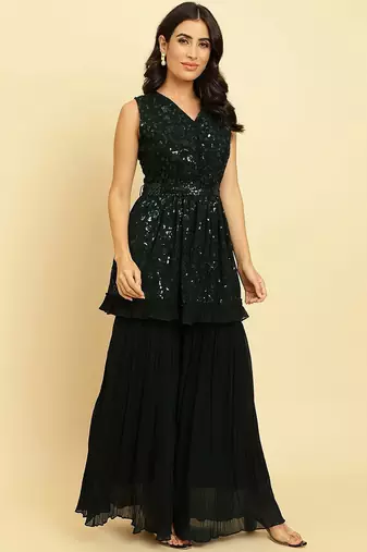 Women Embroidered Sequinned Anarkali Kurta With Sharara & Dupatta