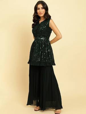 Women Embroidered Sequinned Anarkali Kurta With Sharara & Dupatta 5