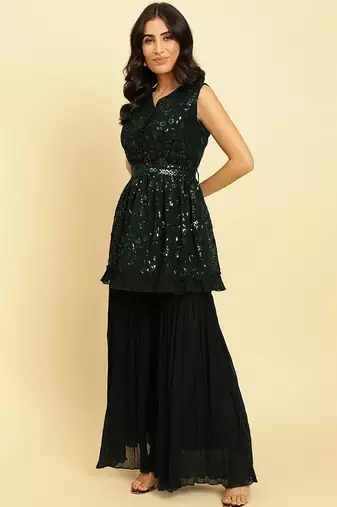 Women Embroidered Sequinned Anarkali Kurta With Sharara & Dupatta