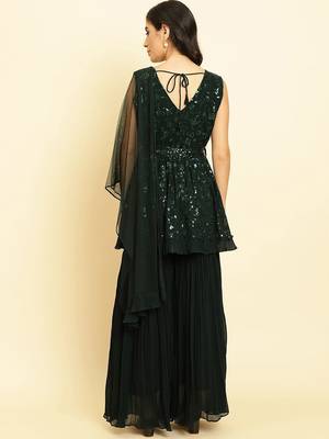 Women Embroidered Sequinned Anarkali Kurta With Sharara & Dupatta 6