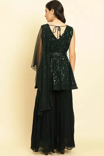 Women Embroidered Sequinned Anarkali Kurta With Sharara & Dupatta