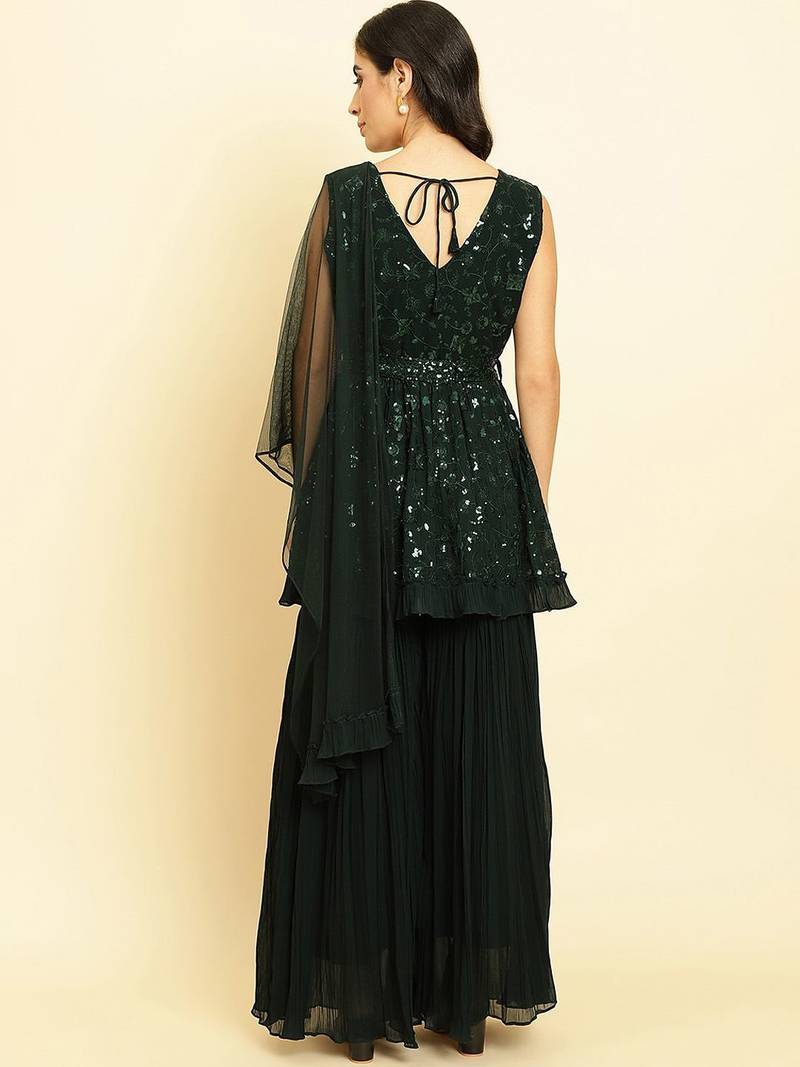Women Embroidered Sequinned Anarkali Kurta With Sharara & Dupatta