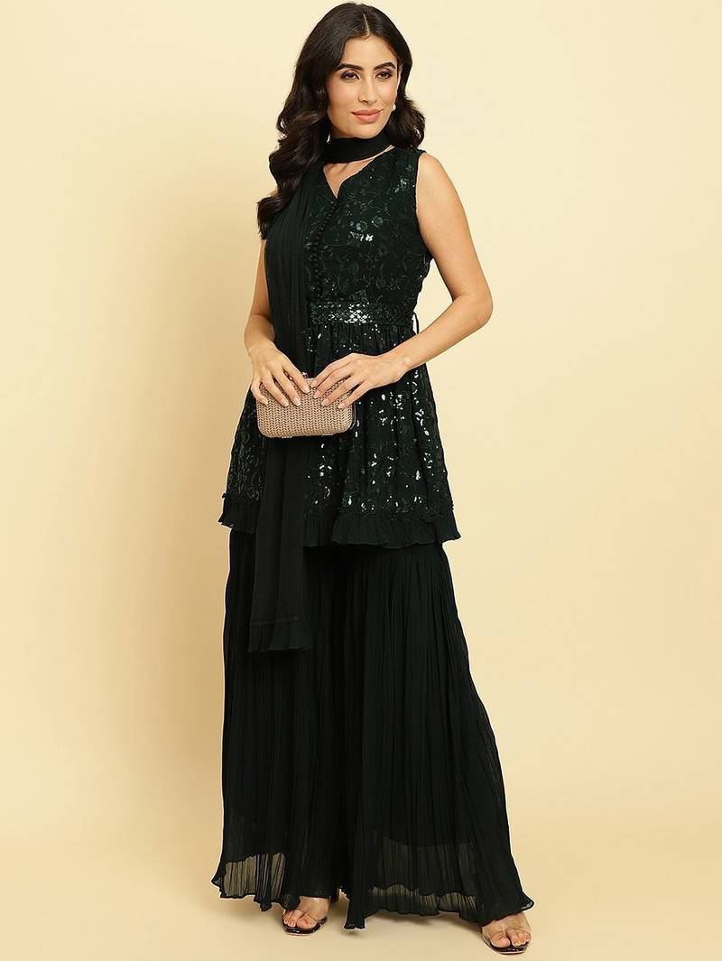 Women Embroidered Sequinned Anarkali Kurta With Sharara & Dupatta