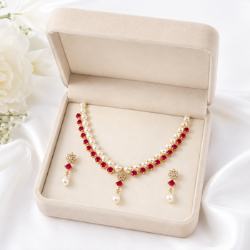 Pearl & ruby stone necklace & earrings jewellery set gold-tone setting, drop pendant, bridal wear, includes earrings 2