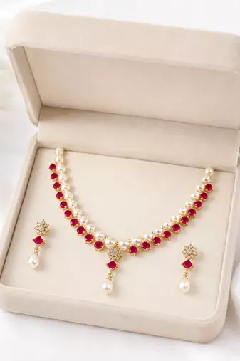 Pearl & ruby stone necklace & earrings jewellery set gold-tone setting, drop pendant, bridal wear, includes earrings
