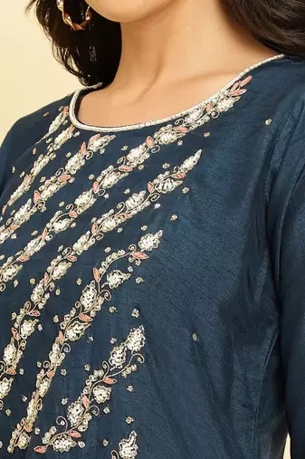 Floral Embroidered Beads & Stones Kurta With Trousers & Dupatta