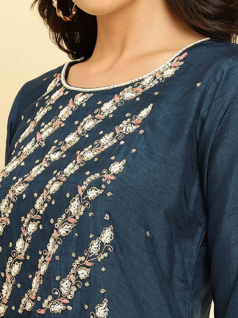 Floral Embroidered Beads & Stones Kurta With Trousers & Dupatta